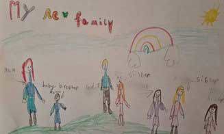 A child's drawing of people and a rainbow with the words My New Family