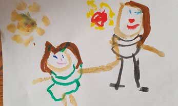 A child's painting of two people holding hands