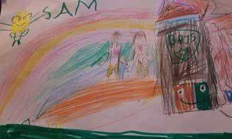 A child's drawing of a super hero and the words super sam