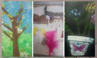 A collage of children's art work of trees and flowers