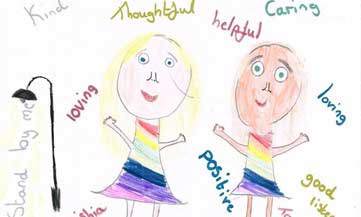 Childs drawing of two girls in colourful dresses surrounded by positive words