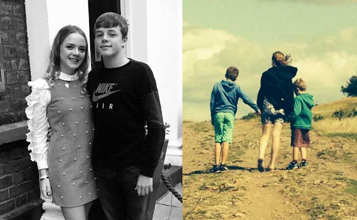 Collage of two siblings side-by-side and walking on the beach