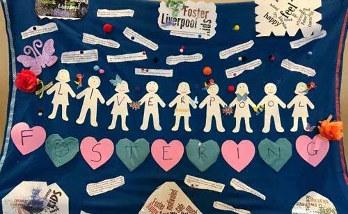 Crafted collage with paper dolls, hearts and words Fostering Liverpool