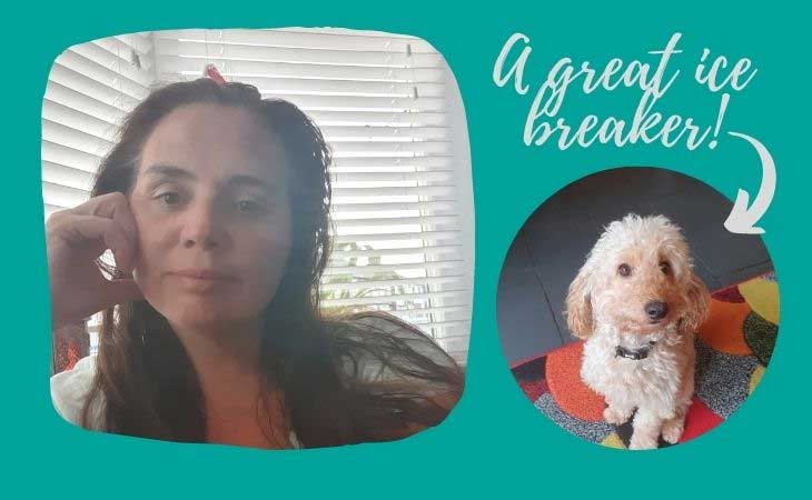 Foster carer and her pet dog with words 'A great ice breaker pointing to the dog'