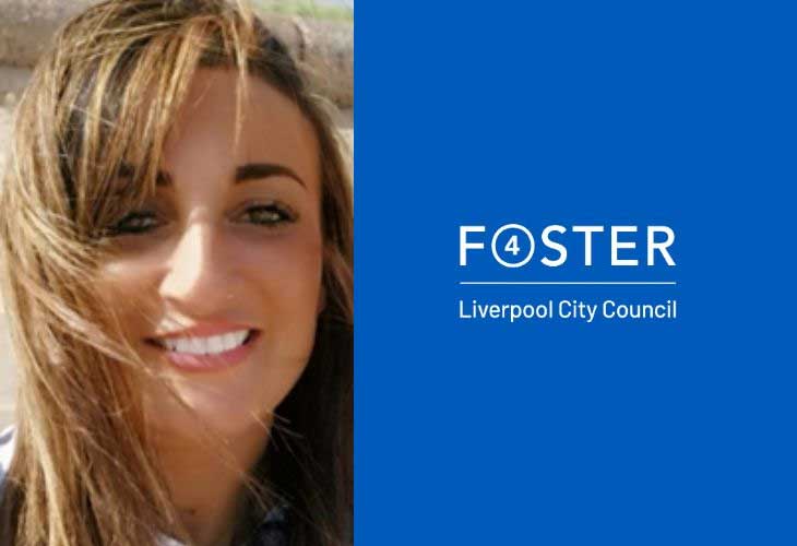 Foster carer Safinah smiling alongside foster 4 logo